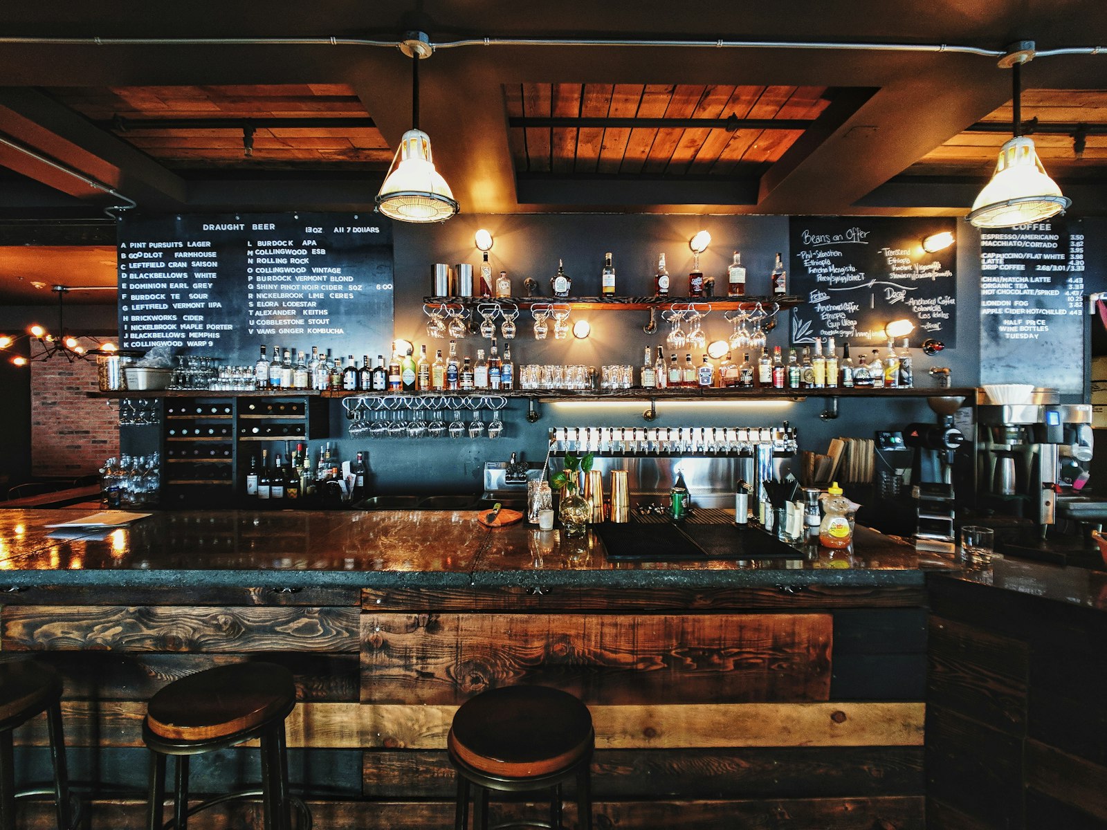 Warm wood bar interior at night